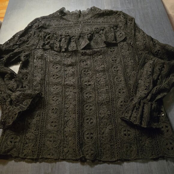 NEW Sezane Style Black Lace Ruffle Long Sleeve Blouse size XL 12 - Picture 6 of 7